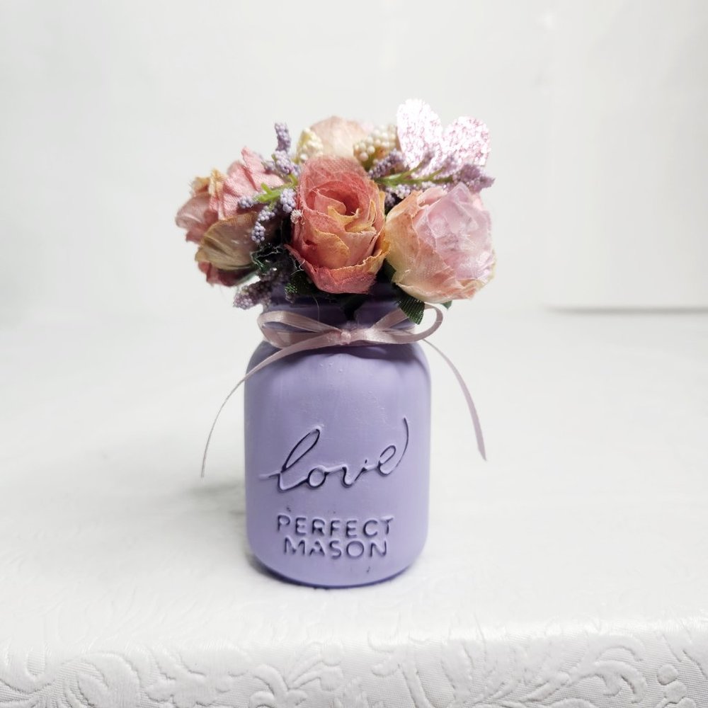 Lavender Mini Mason Jar with Silk Roses and Heather
